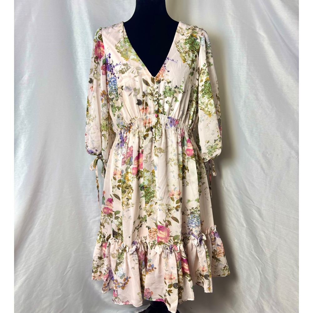 Taylor Floral Midi Dress Womens 8 Pink Excellent Smocked Waist Cottagecore
